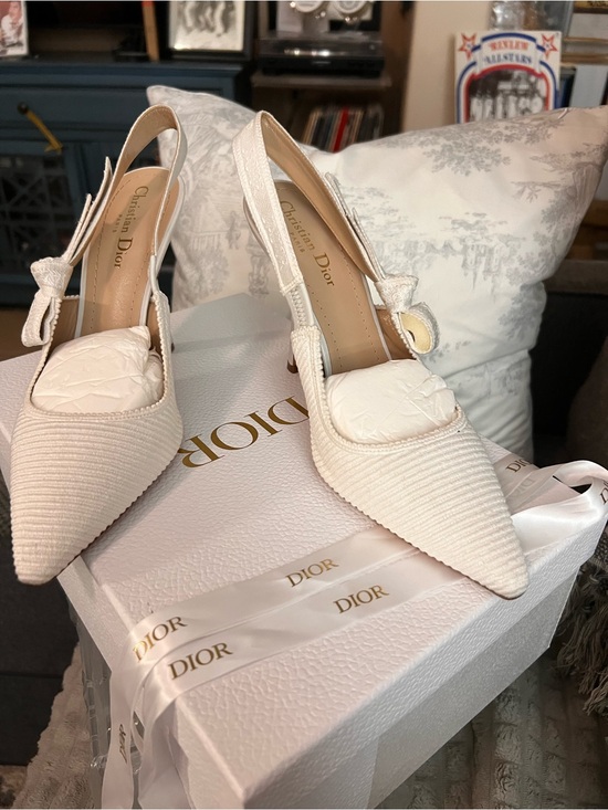 Dior Shoes - DIOR White/Cream Pointed-Toe Slingback Fabric Heels w/ J’Adior Bow 10.5; 4” heel